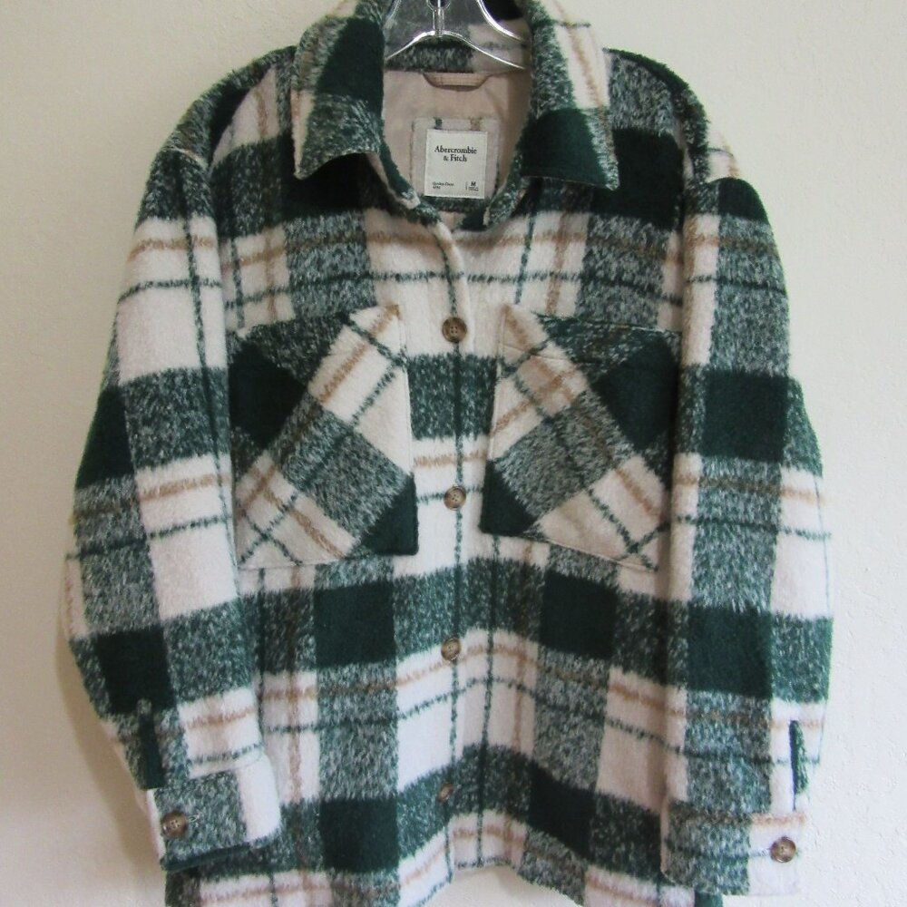 Abercrombie & Fitch Plaid Green/White/Tan M Mid-Length Button Pockets Jacket